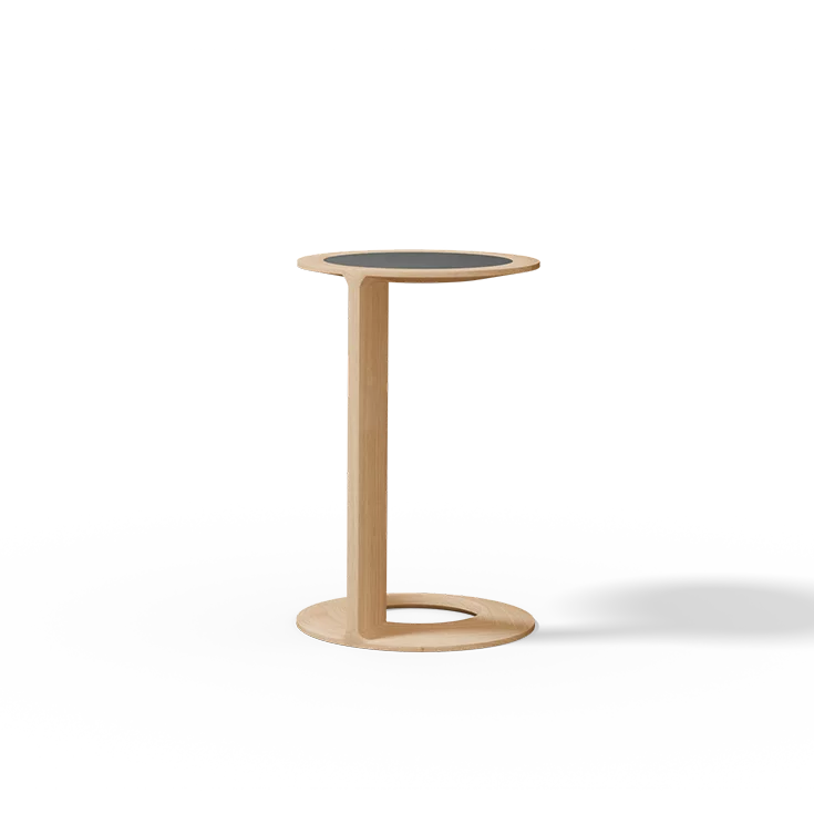 loup side table in solid oak white oil with leather in medium grey