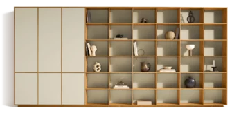 Solid wood shelving filigno with doors and back panels in greige coloured glass made of natural oiled oak