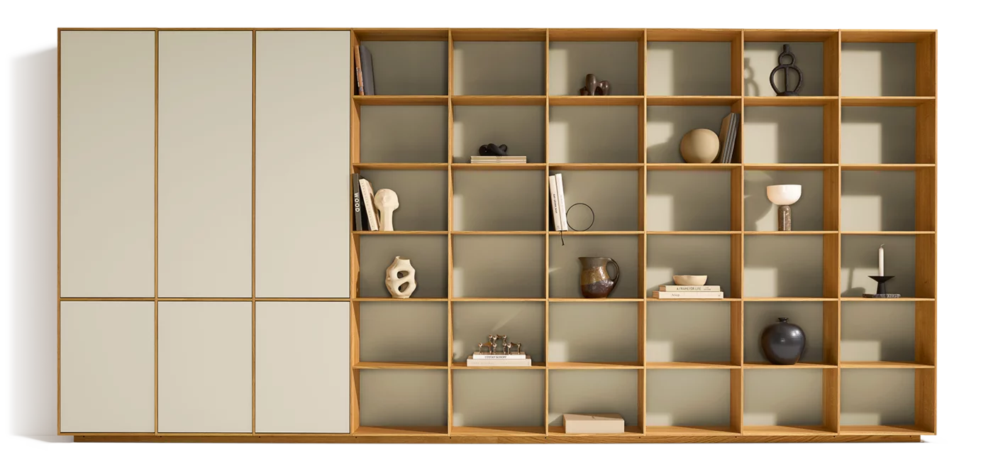 Solid wood shelving filigno with doors and back panels in greige coloured glass made of natural oiled oak