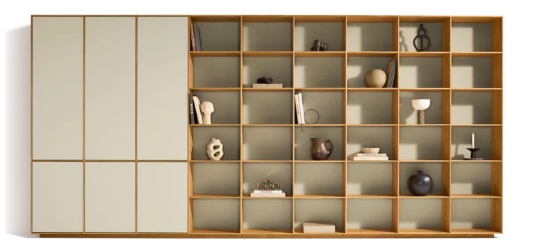 Solid wood shelving filigno with doors and back panels in greige coloured glass made of natural oiled oak