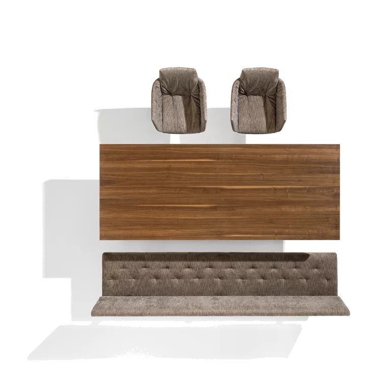 tema extendable walnut dining table with grand lui chairs and yps upholstered bench, top view