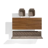 tema extendable walnut dining table with grand lui chairs and yps upholstered bench, top view