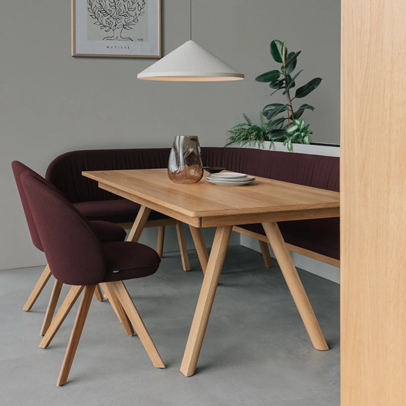 dining table taso extendable in natural oak with flor chairs and flor bench