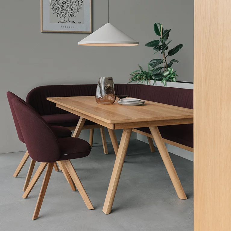 dining table taso extendable in natural oak with flor chairs and flor bench