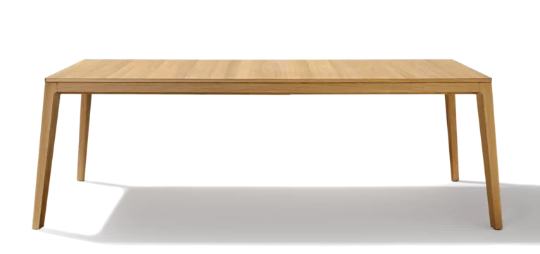 mylon extendable wooden dining table in oak, side view