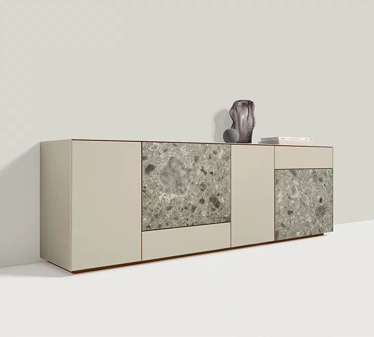 Modernes Sideboard aus Massivholz mit Farbglas und Mdi Modernes Sideboard aus Massivholz mit Deckplatte Seiten und Fronten in Farbglas greige und MDi iseo gris