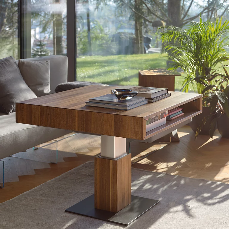 height adjustable coffee table lift electric in walnut with open compartment