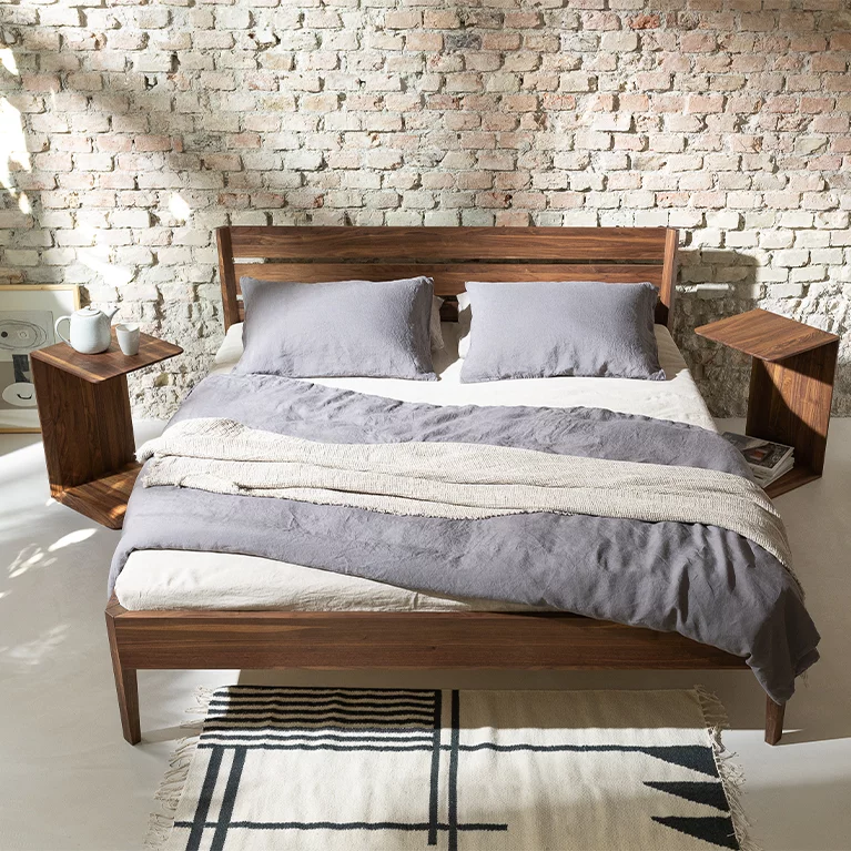 solid wood bed light in walnut with the clip side table, top view