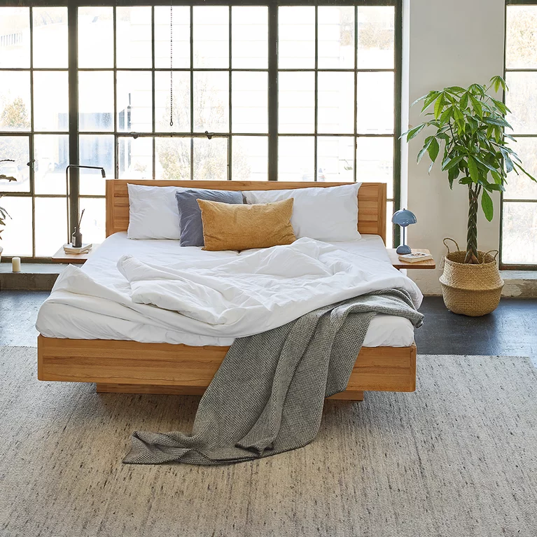 modern times bed with bedside cabinet in beech heartwood