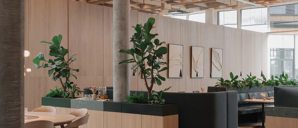 Sitznischen mit Textilbezug und Massivholzwand aus Eiche im Restaurant in der TEAM 7 Welt