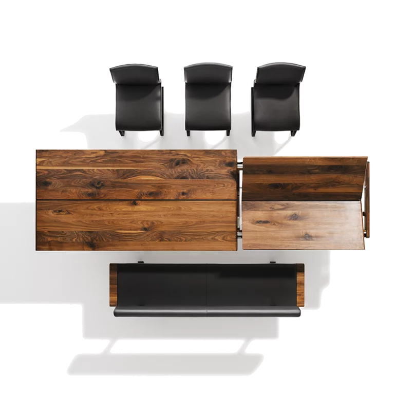 nox dining table solid extendable in wild walnut upholstered with the nox bench and the cosy magnum cantilever chairs, top view