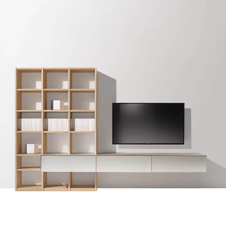modern cubus pure wall unit in white coloured glass with a design element in oak white oil