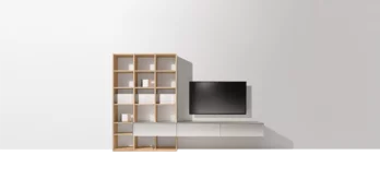 moderne cubus pure Wohnwand aus Farbglas weiß mit einem Gestaltungselement aus Eiche Weißöl