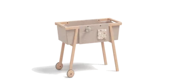 baby cot on castors in wood with knitted and fabric bags baby cot with castors in solid alder white oil with soft knitted fabric and fabric pockets