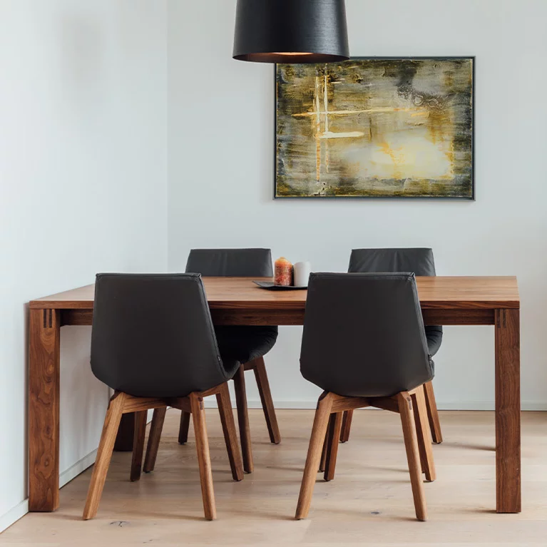 magnum upholstered leather swing chair with armrests in walnut and glossy frame