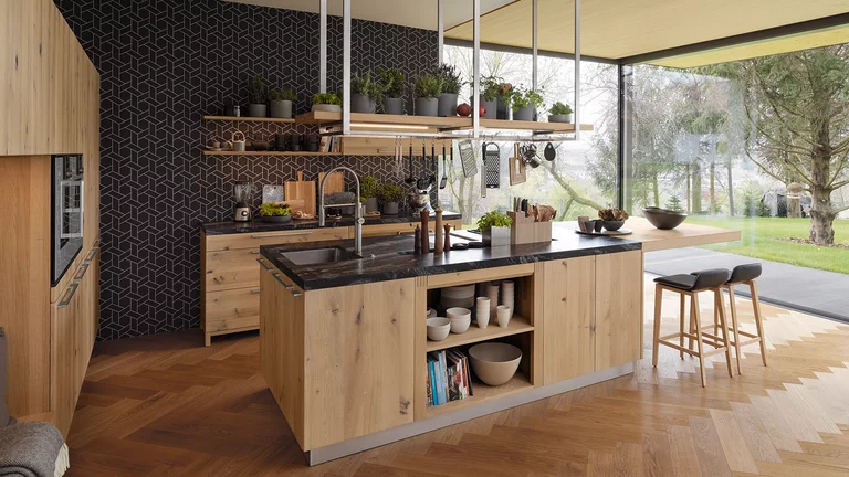 loft real wood kitchen in wild oak white oil cooking island with niche element and ceiling pendant