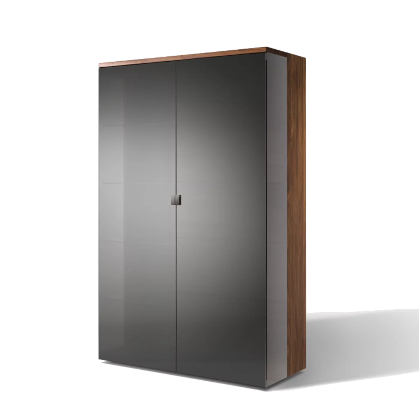 modern nox display cabinet in walnut, finished with elegant palladium glass