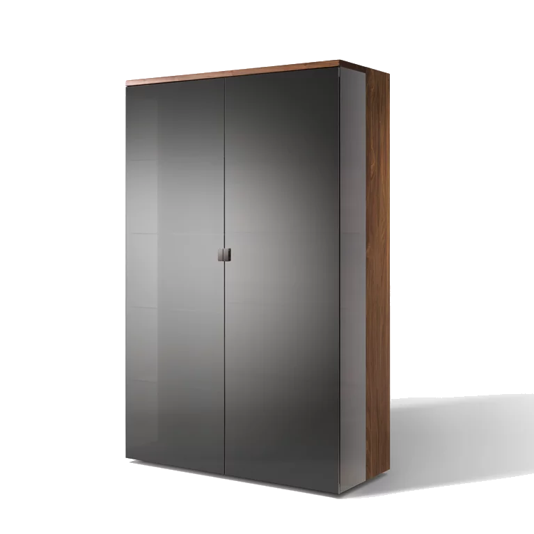 moderne nox Vitrine in Nussbaum, vollendet mit elegantem Palladiumglas