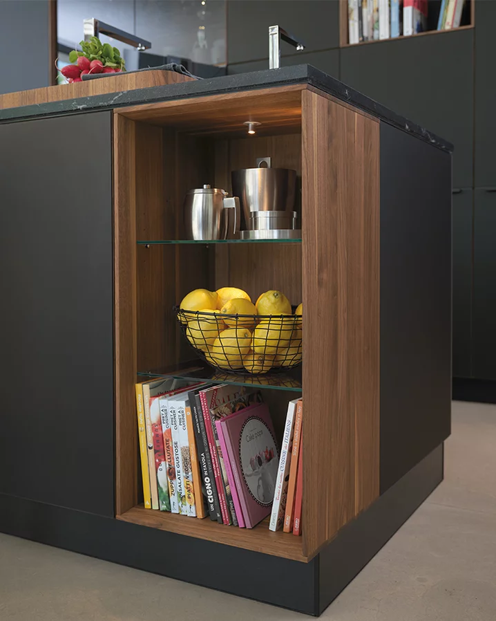 solid wood kitchen with coloured glass and illuminated design element solid wood kitchen black line in walnut with matt black coloured glass and illuminated design element