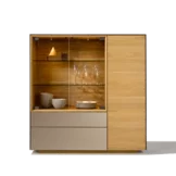 elegant cubus pure highboard in solid oak with coloured glass drawers and lighting behind all glass doors in smoked glass