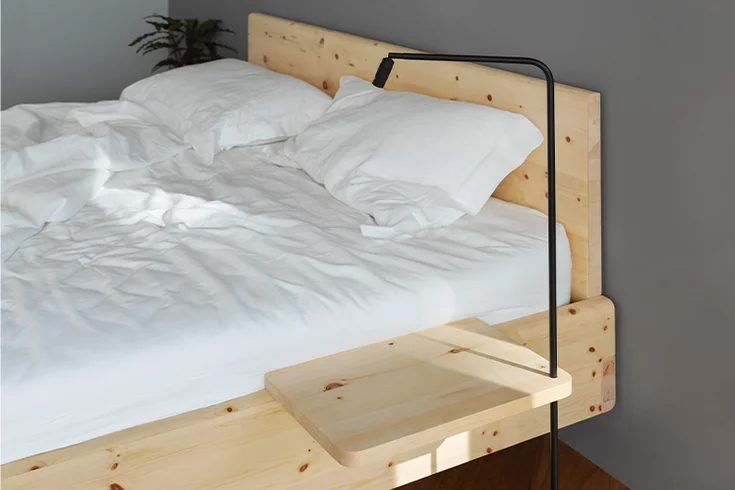 wooden bed nox solid swiss pine with wooden headboard and console with lighting