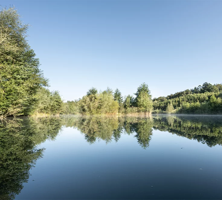 A clear lake, surrounded by trees that are reflected in the calm water