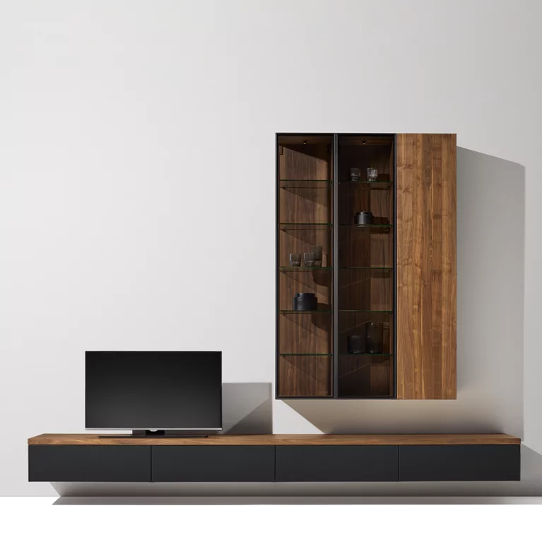 cubus wall unit for TV in walnut with black drawers and smoked glass door cubus wall unit for TV in walnut with black matt drawers and smoked glass aluminium frame door