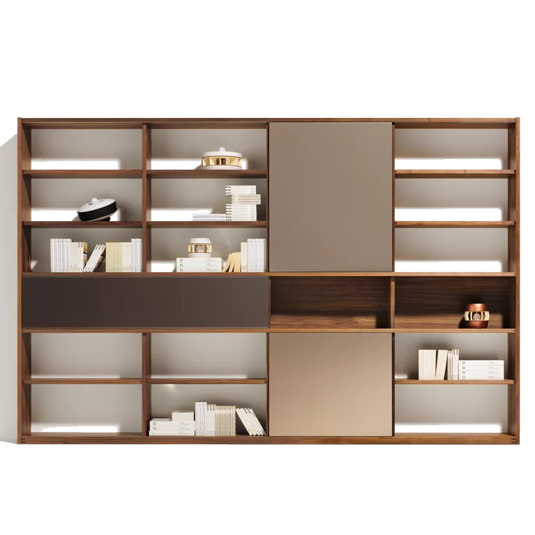 elegantes cubus Regal in Massivholz Nussbaum mit Drehtüren und Schiebetüren in Holz und Farbglas bronze