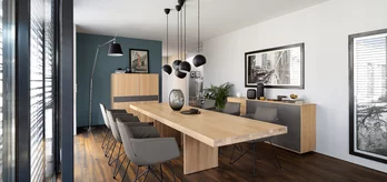 modern dining table tema extendable made of natural wood in oak white oil with comfortable grand lui chairs