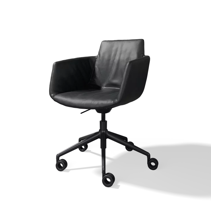 grand lui desk chair in leather with swivel base black matt on castors