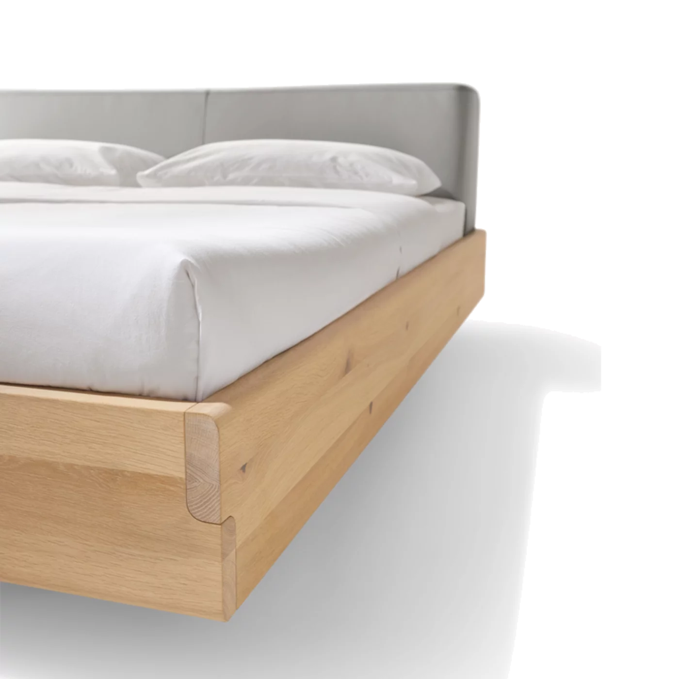 nox bed in wild oak white oil with leather headboard, detailed view