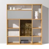 modern cubus shelf in solid oak, combined with matt coloured glass in light grey