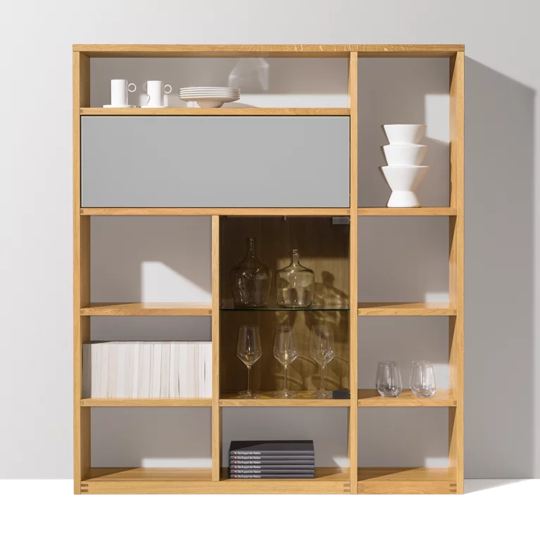 modern cubus shelf in solid oak, combined with matt coloured glass in light grey