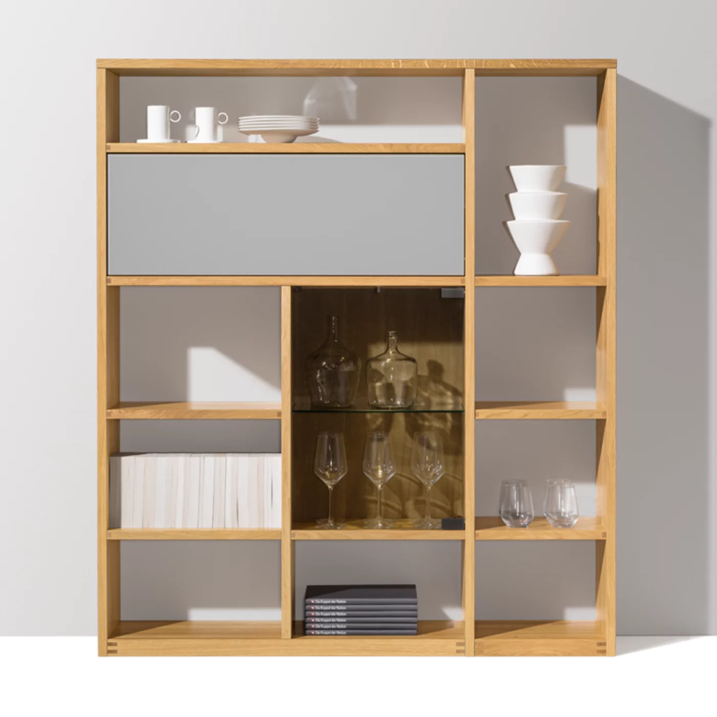 modern cubus shelf in solid oak, combined with matt coloured glass in light grey