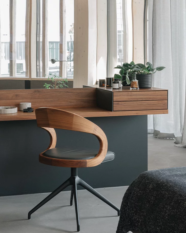 elegant riletto make up console in walnut with the girado swivel chair, matt black frame