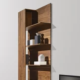 Wall panel with partially concealed storage space in solid walnut