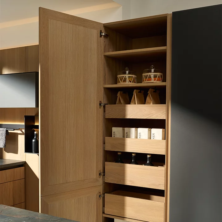 tall unit in oak white oil with practical interior drawers and wooden handle recess