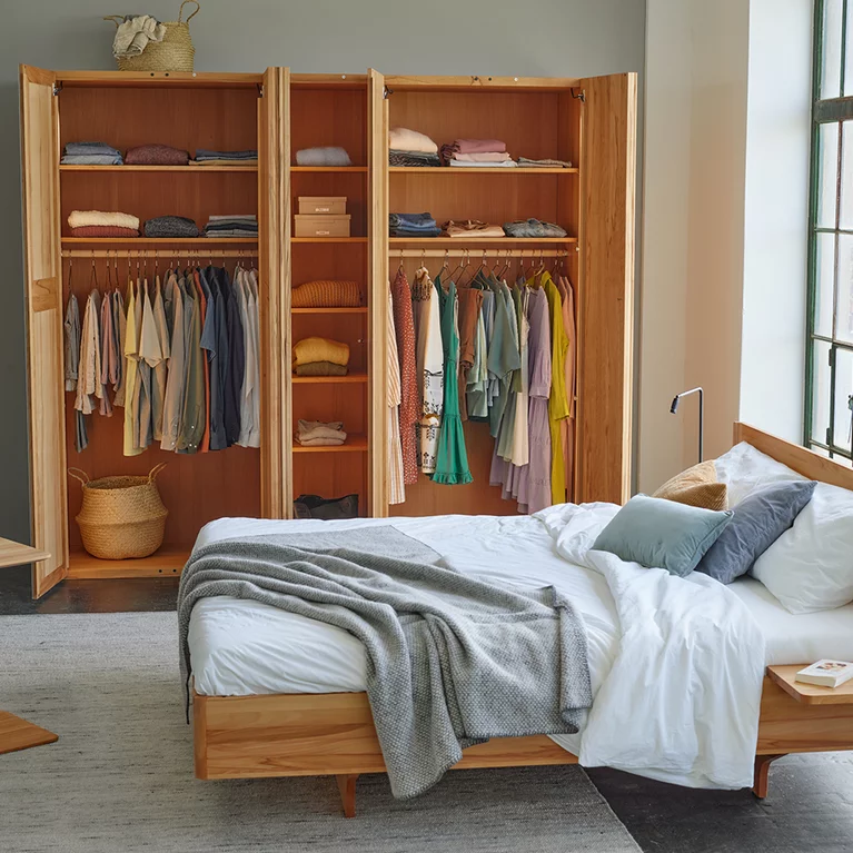 Wardrobe open with stylish interior and the times bed soft wardrobe in beech heartwood open with stylish interior to match the times bed