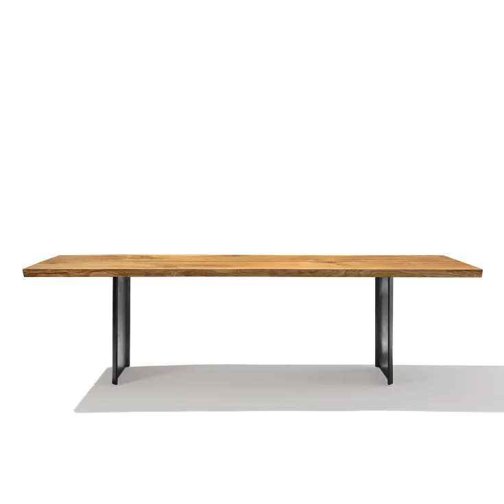 echt.zeit dining table made of solid wood in rustic brushed oak with burnished steel frame, side view