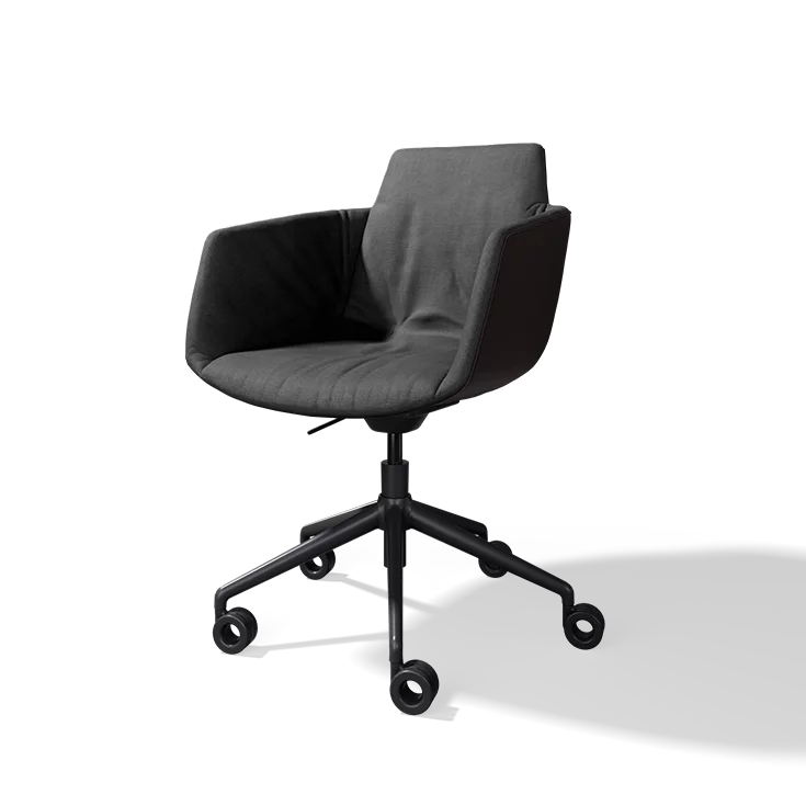 grand lui desk chair in fabric with swivel base in matt black on castors