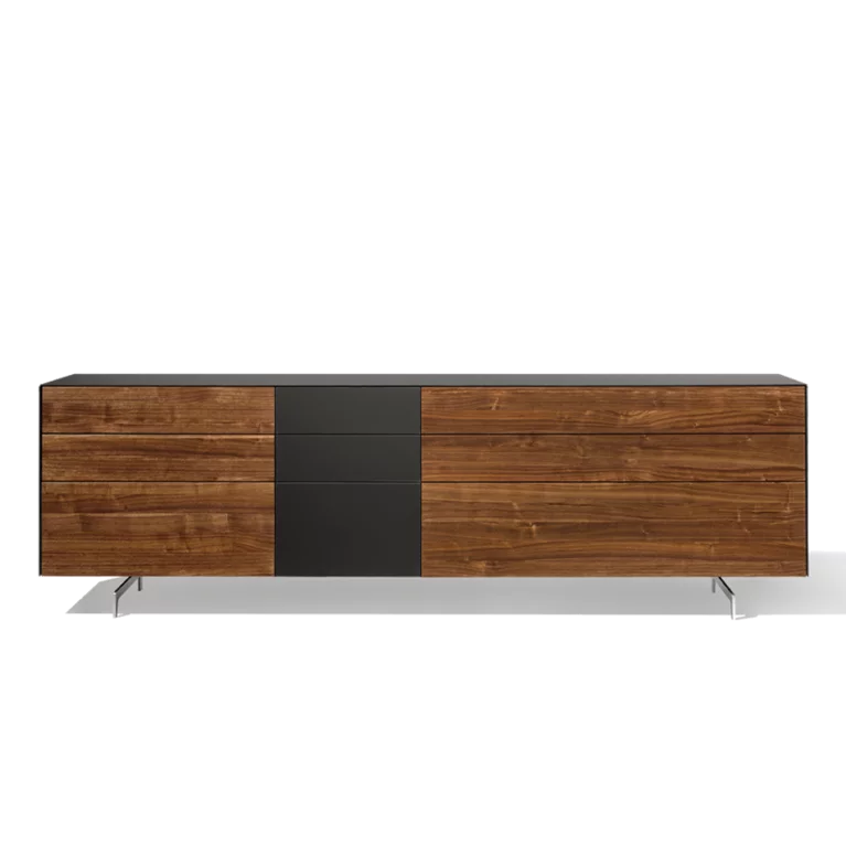cubus pure Sideboard in Nussbaum und Glas und mit Metallkufe, Freisteller