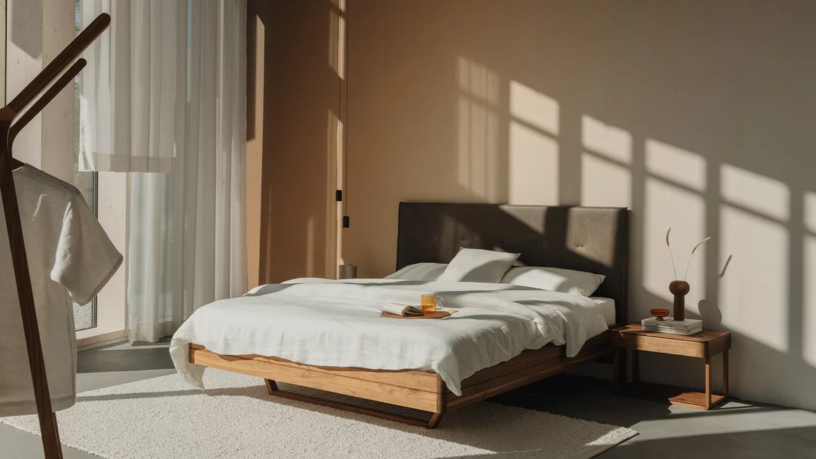 wooden bed float in solid walnut with leather headboard and the float bedside cabinet