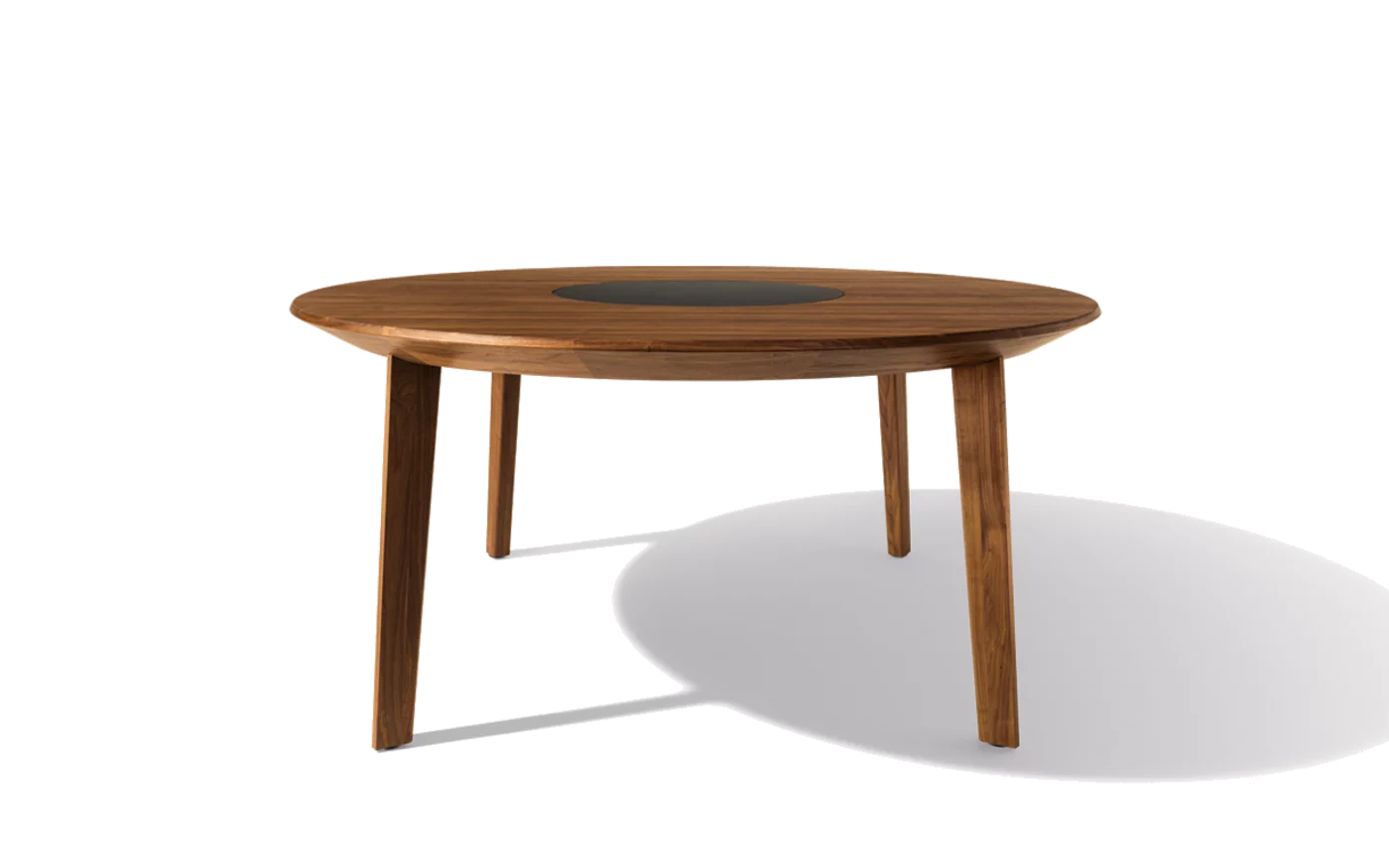 extendable, round miró wooden dining table in walnut with integrated turntable