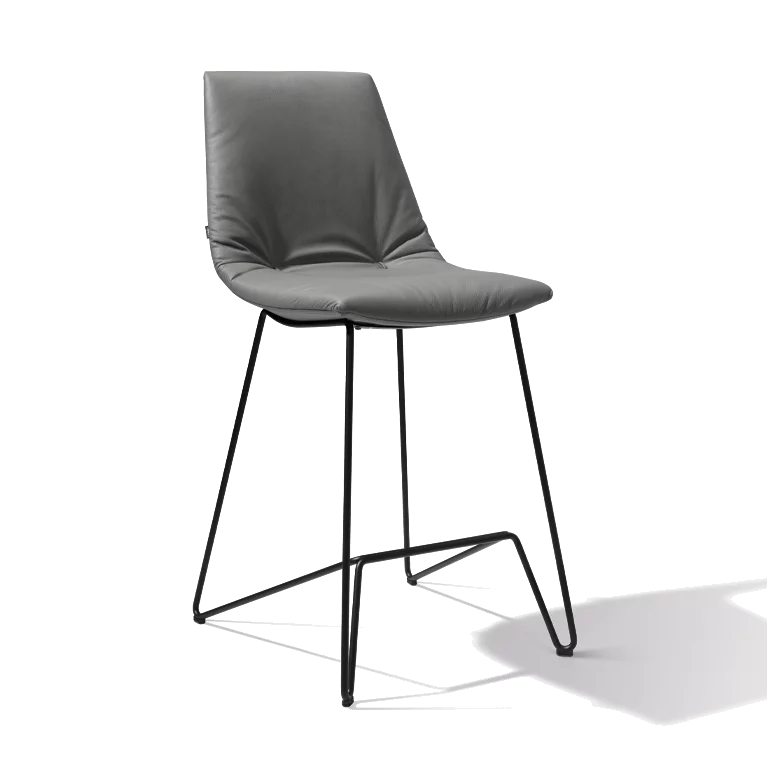 modern lui bar stool with backrest with leather and matt black frame, front view