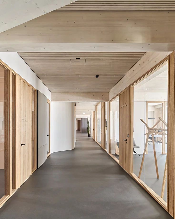 Wooden accents on the ceiling, walls and doors