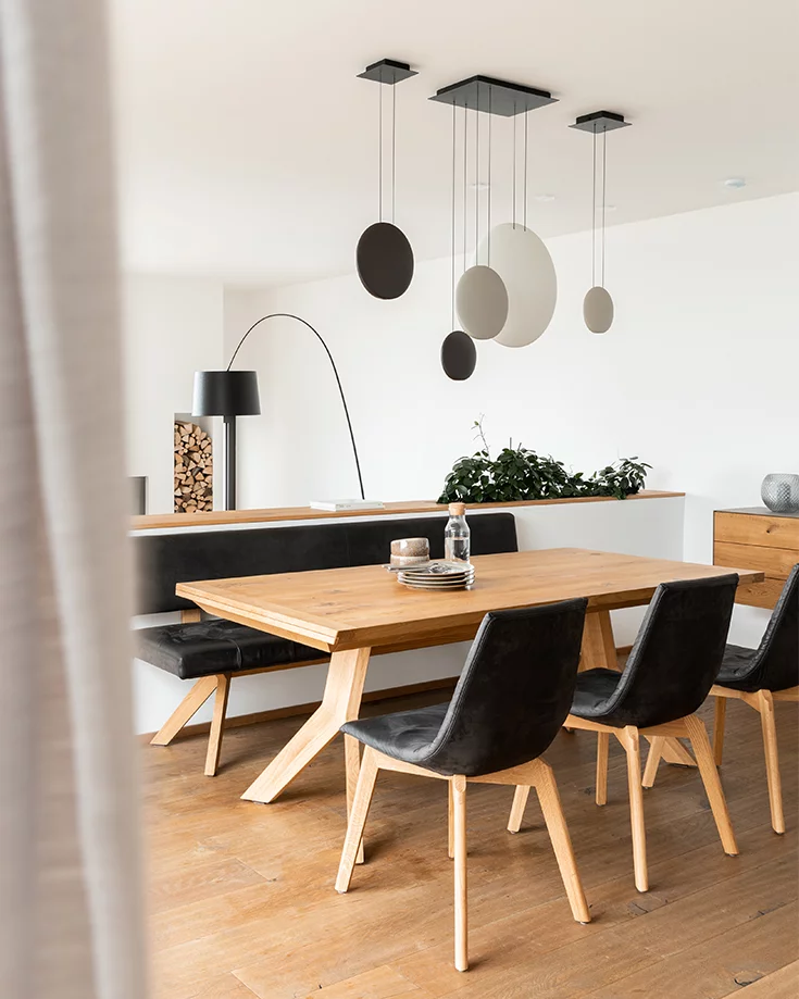 yps extendable dining table in natural wild oak with lui wooden base and the timeless yps upholstered bench with backrest