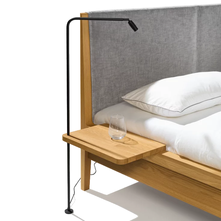 mylon bed with bedside cabinet and upholstered headboard in solid oak, detailed view