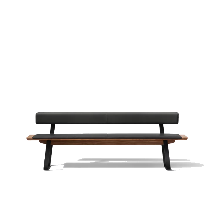 nox bench in walnut with comfortable leather backrest with metal sliders in matt black, front view