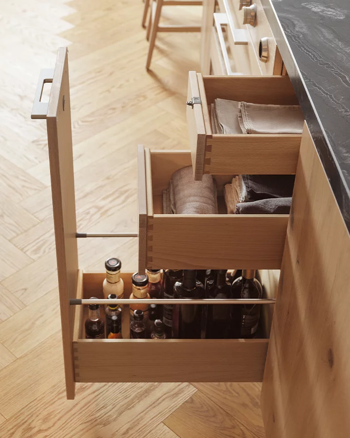 loft wooden kitchen in wild oak white oil base unit with pull-out and two interior drawers