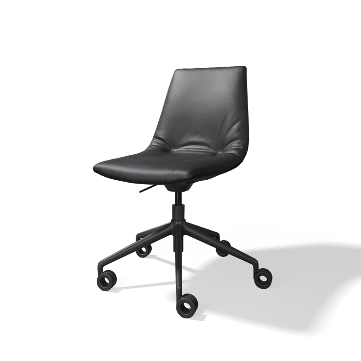 lui desk chair in leather on swivel base black matt with castors